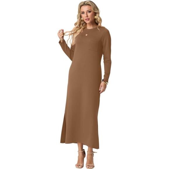 Women's Casual Round Neck Long Sleeve Loose Split Long Maxi Dress with Pockets - Picture 2 of 6